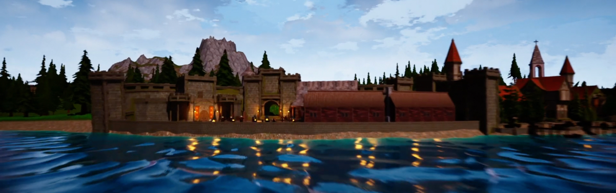 a background image for the newsletter form, representing a village in Ardaria seen from the ocean