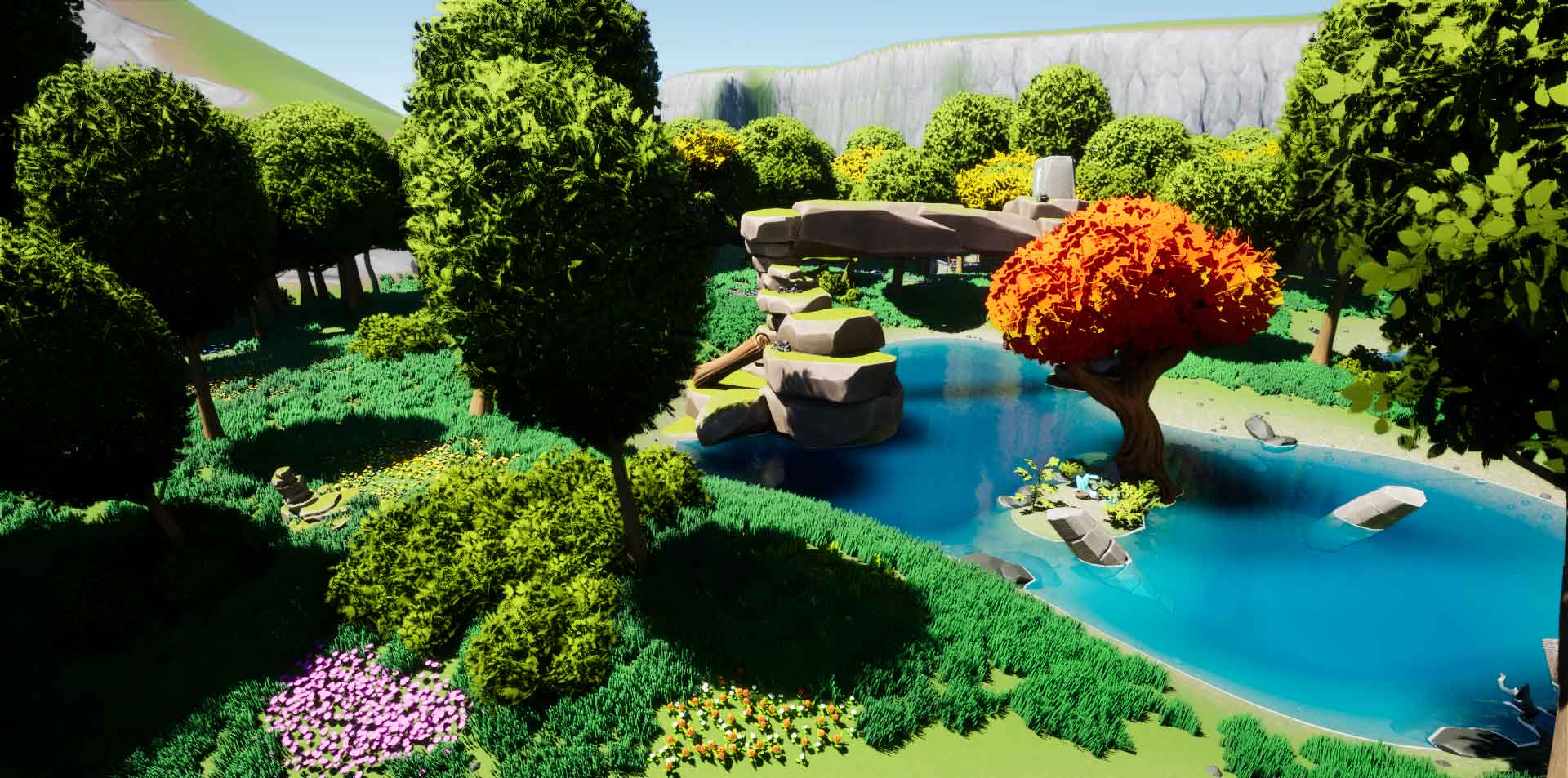 A background image showing a forest with colored trees and a water stream, we can imagine some magic animals roaming around there...